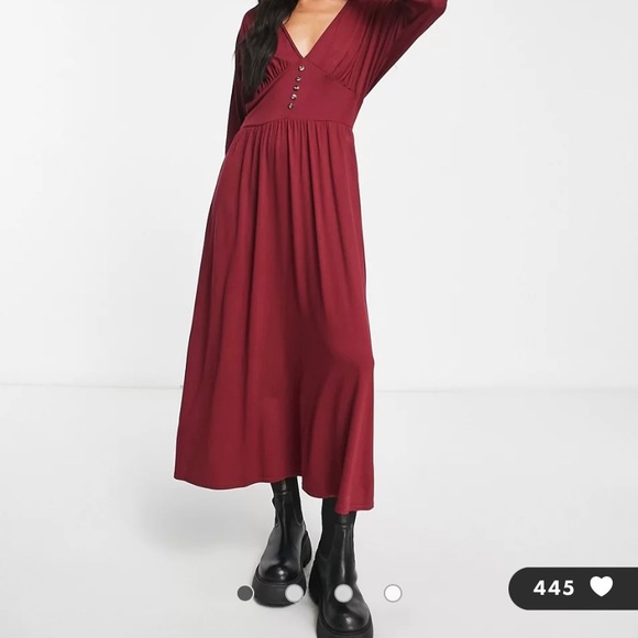 Waisted design ASOS long sleeve midi tea dress with buttons in burgundy - Picture 1 of 9